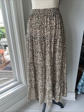 JAPNA Neutral Printed Tiered Maxi Skirt Beige Tan Black Boho Size Medium